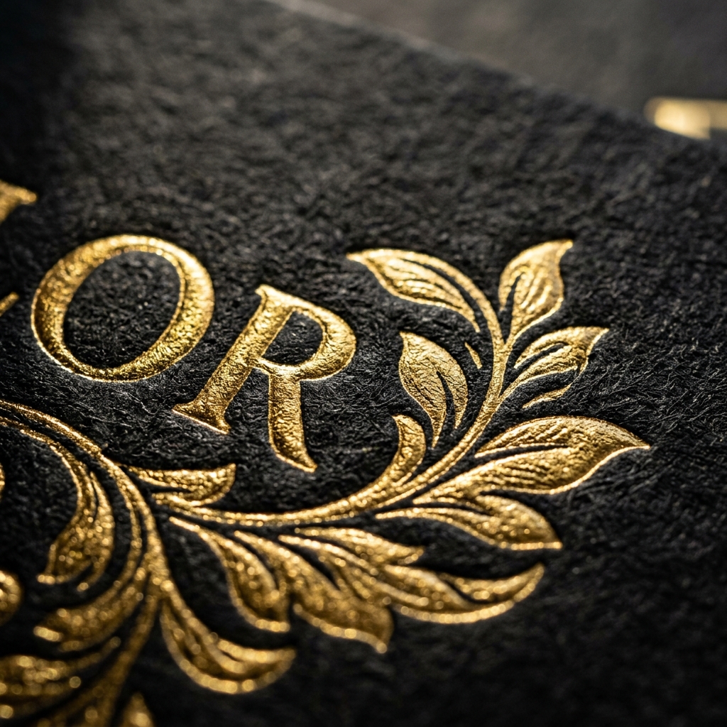 Détail de marquage à chaud doré sur papier noir texturé par Askcircle